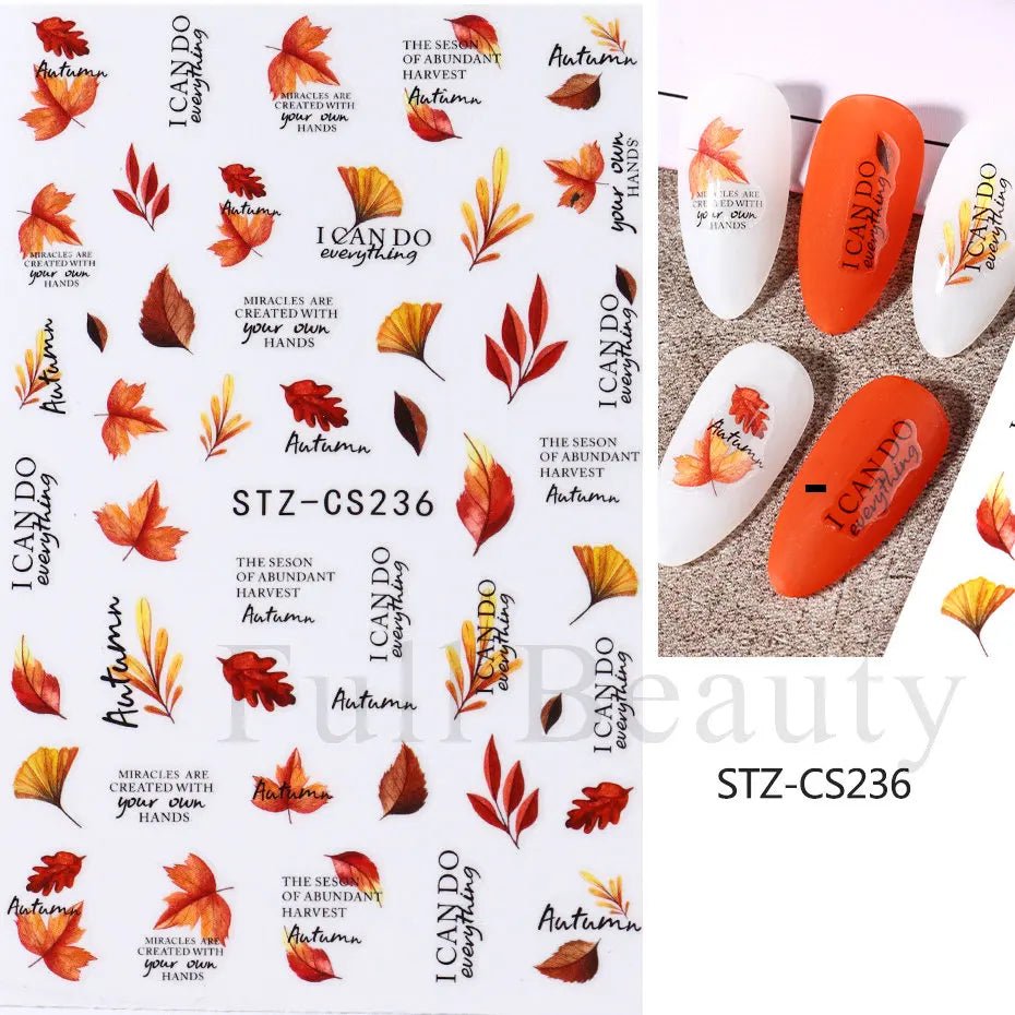 Golden Pumpkin Maple Leaf Pattern Nail Decals Fall Autumn Leaves & Geometric & Letter Stickers - silverfoxgoods